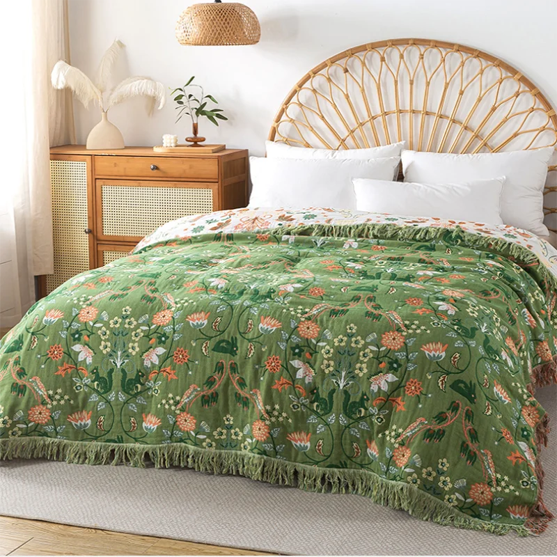 Green Summer Floral Cotton Bedspread / Sofa Throw