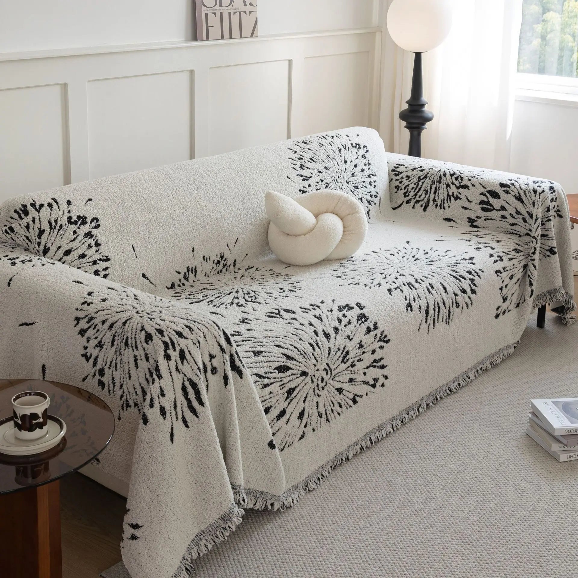 Black Cool Cream Sofa Throw / Bedthrow with Dandelion Patterns