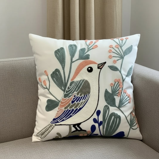 Embroidered Cushion Covers in Off-White with Pastel Bird Embroidery 18in x 18in