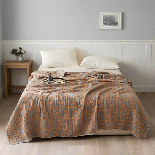 Cotton Bedspreads with Grey & Orange Geometric Maze Pattern