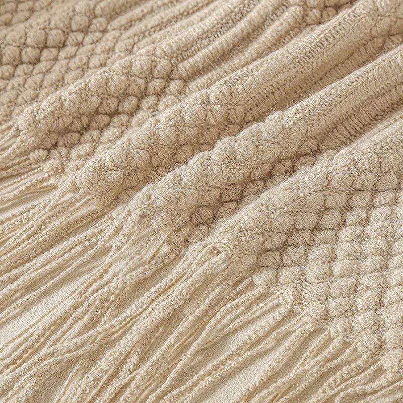 Beige Knitted Blanket / Sofa Throw with Modern Pattern, Texture and Tassels