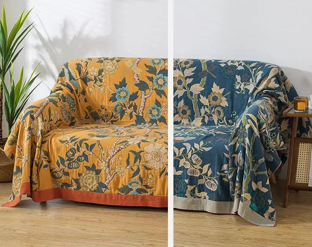 Yellow Retro Floral Bedspread / Sofathrow 100% Cotton - Kingsize & Queensize