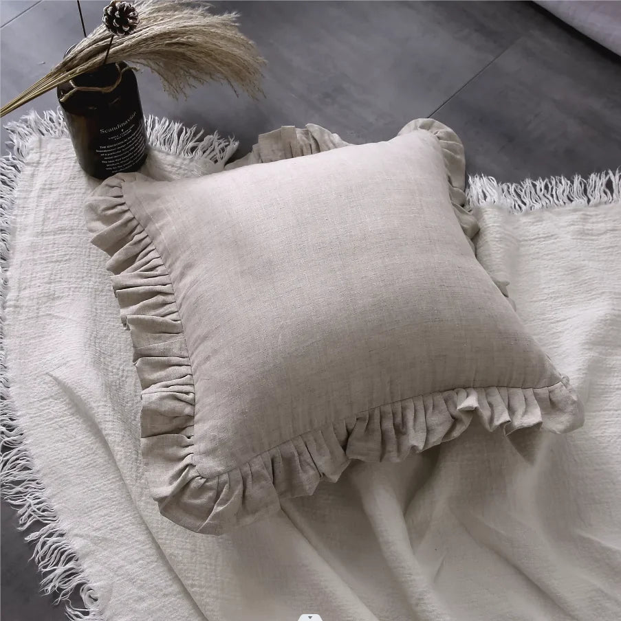 100% Pure Linen Ruffle Cushion Cover 