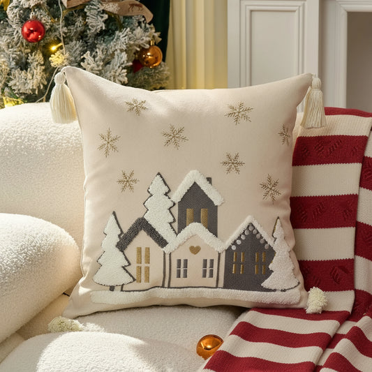 Christmas Village Cushion Covers With Tassles - 18inx18in 