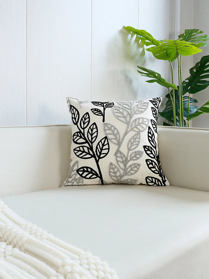 Cool Simplistic Black & Grey Embroidered Leaves on Off-White Fabric