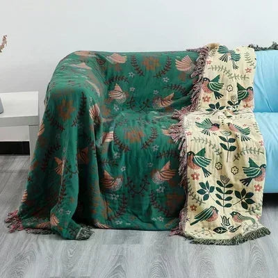 Green & Cream Bird And Floral Boho Bedspread / Sofa Throw