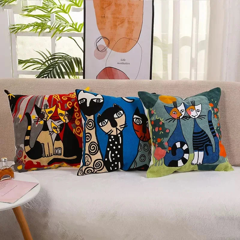 Picasso Cats Embroidered Cushion Covers 18in x 18in (45cm x 45cm)