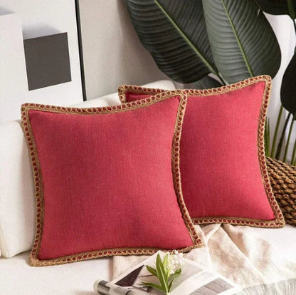 Red Nordic Countryhouse Cushion Covers with Jute Decorated Edging