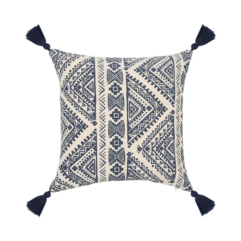 Navy & Cream Ethnic Geometric Print Cushion Covers with Tassles