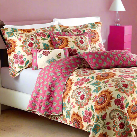 Vintage Retro 3 Piece Bedspread Set in 100% Cotton with Mandala Floral Design