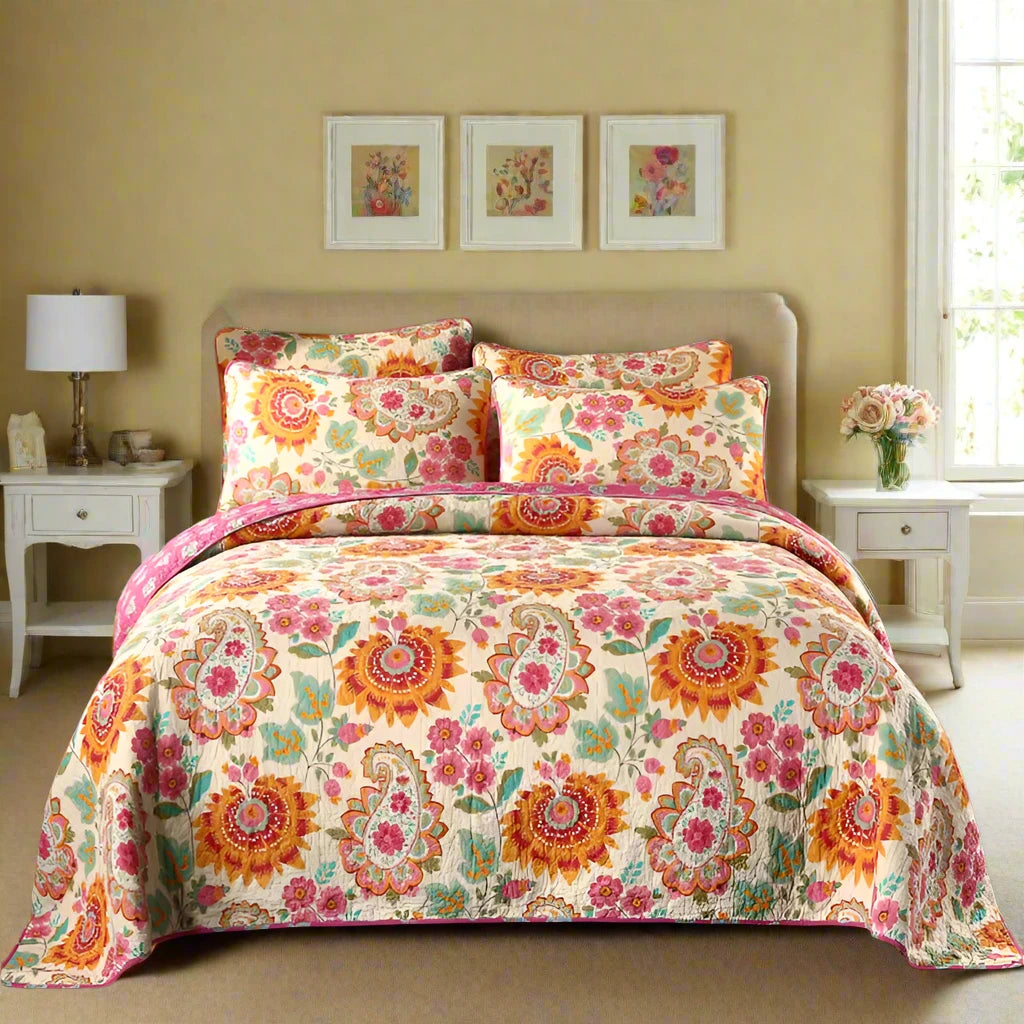 Vintage Retro 3 Piece Bedspread Set in 100% Cotton with Mandala Floral Design