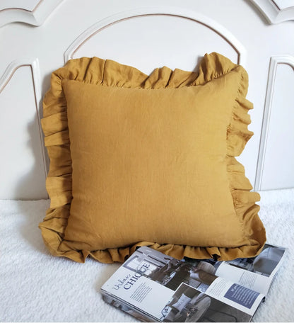 Yellow 100% Pure Linen Ruffle Cushion Cover 