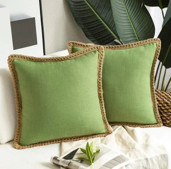 Green Nordic Countryhouse Cushion Covers with Jute Decorated Edging