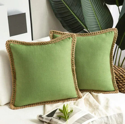 Green Nordic Countryhouse Cushion Covers with Jute Decorated Edging