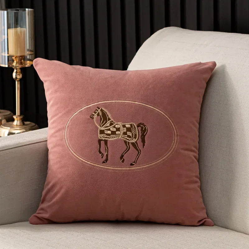 Soft Pink Cushion Covers With Brown Horse Embroidered on the Front 18in x 18in