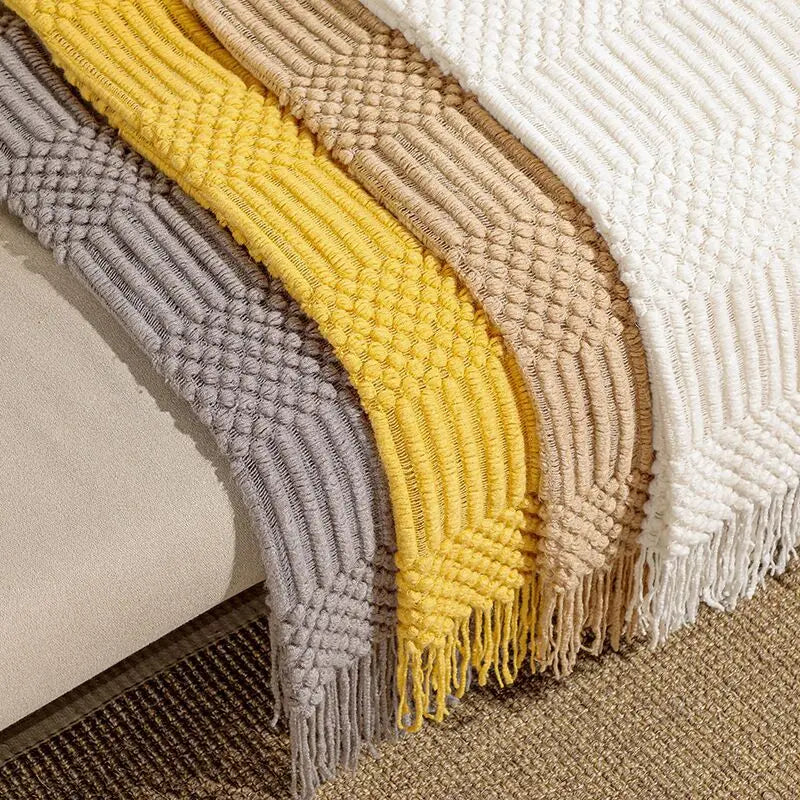 Knitted Blanket / Sofa Throw with Modern Pattern, Texture and Tassels