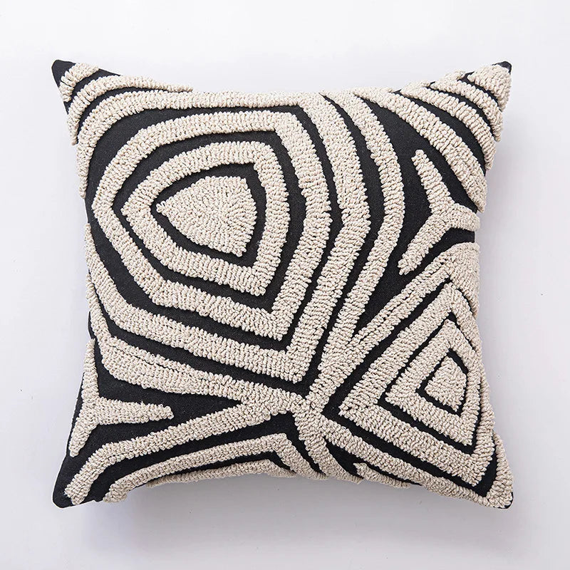 Abstract Art Embroidered Cotton Cushion Covers in Black & Off-White