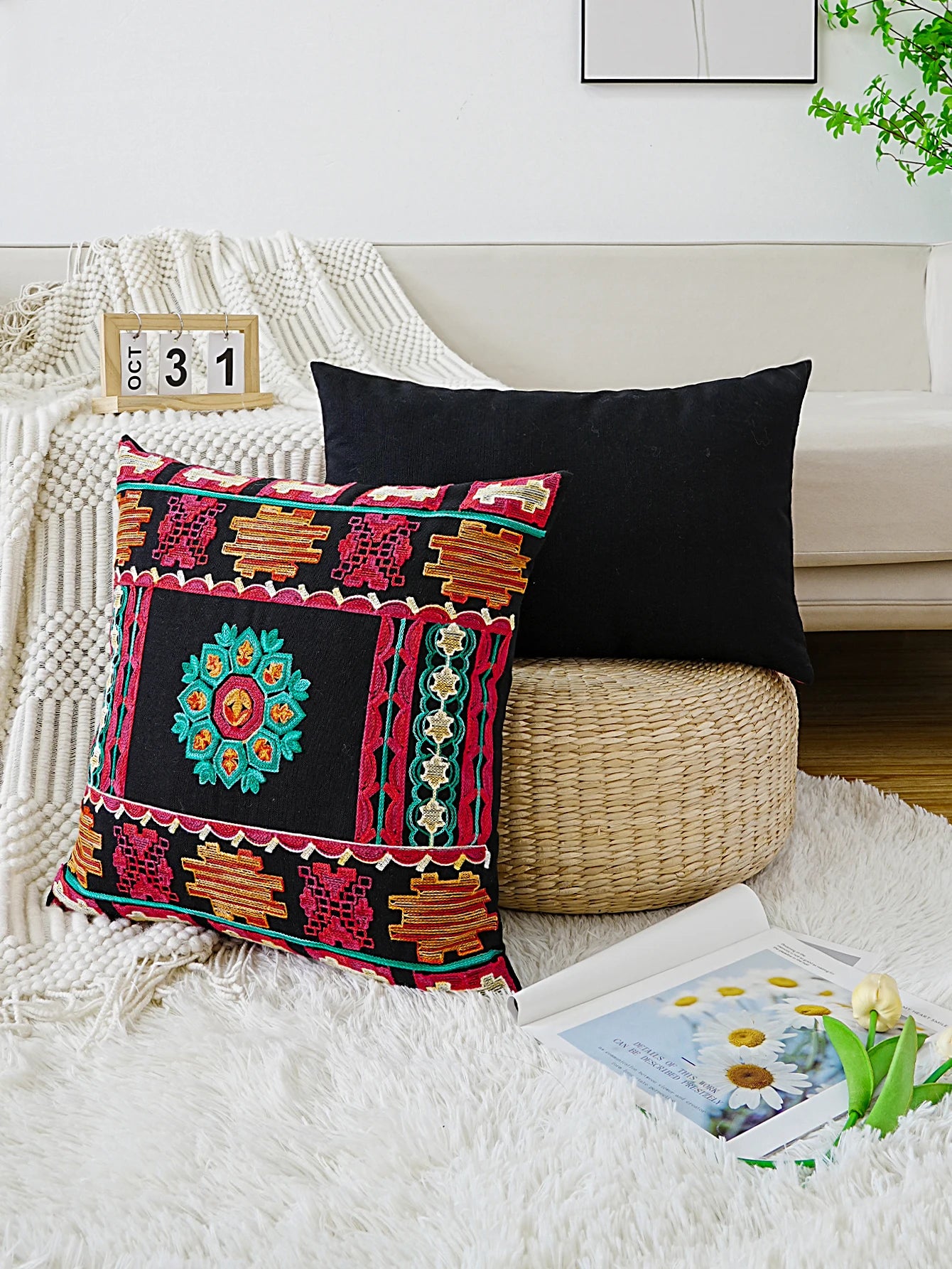 Black Cushion Cover With Colourful Ethnic Style Embroidery