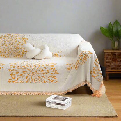 Yellow Cool Cream Sofa Throw / Bedthrow with Dandelion Patterns