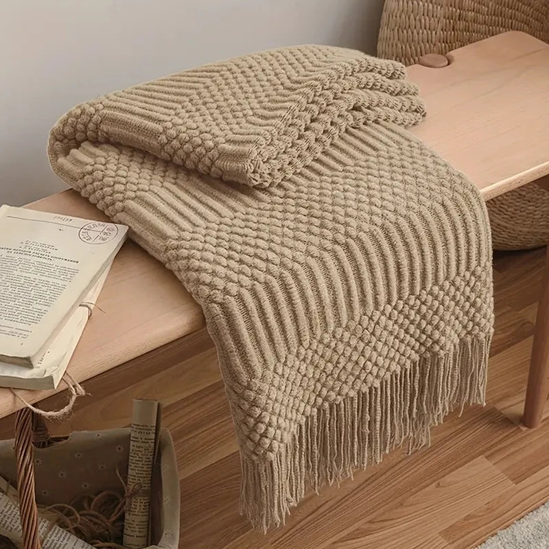 Beige Knitted Blanket / Sofa Throw with Modern Pattern, Texture and Tassels