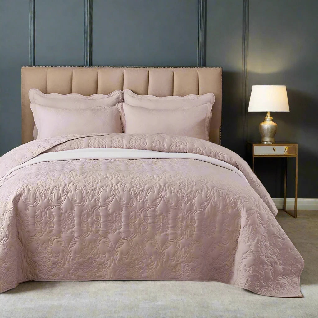 Pink Plain Colour Cotton Blend Quilted Bedspread / Throw Set