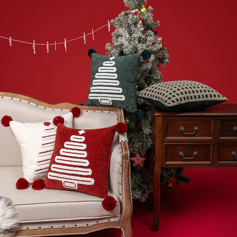 Tufted Geometric Christmas Tree Cushion Covers with PomPoms - 18in x 18in