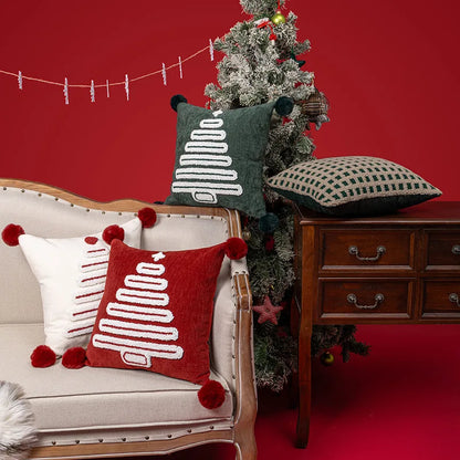 Tufted Geometric Christmas Tree Cushion Covers with PomPoms - 18in x 18in