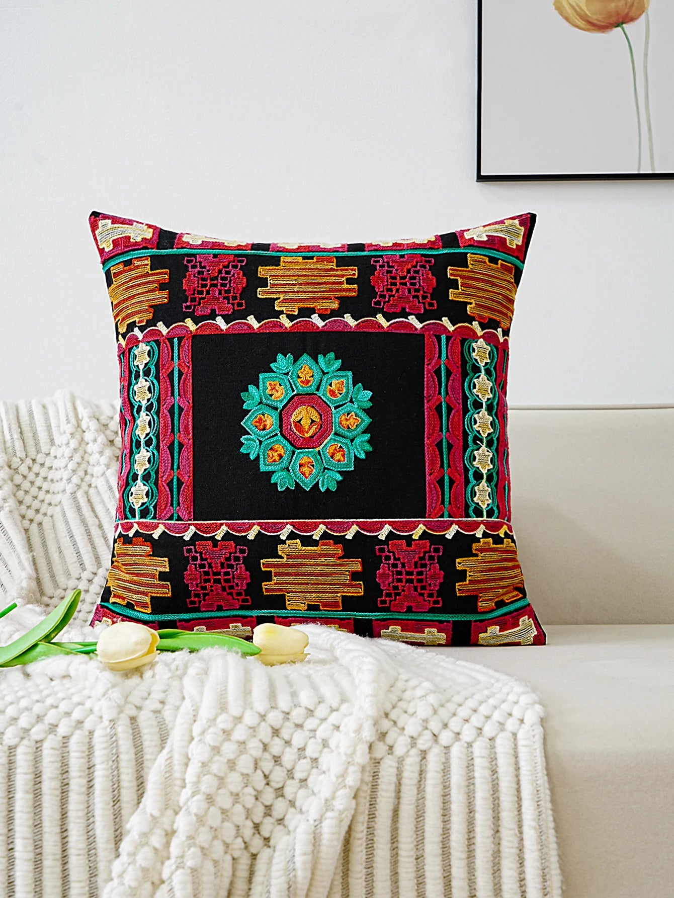 Black Cushion Cover With Colourful Ethnic Style Embroidery 18in x 18in