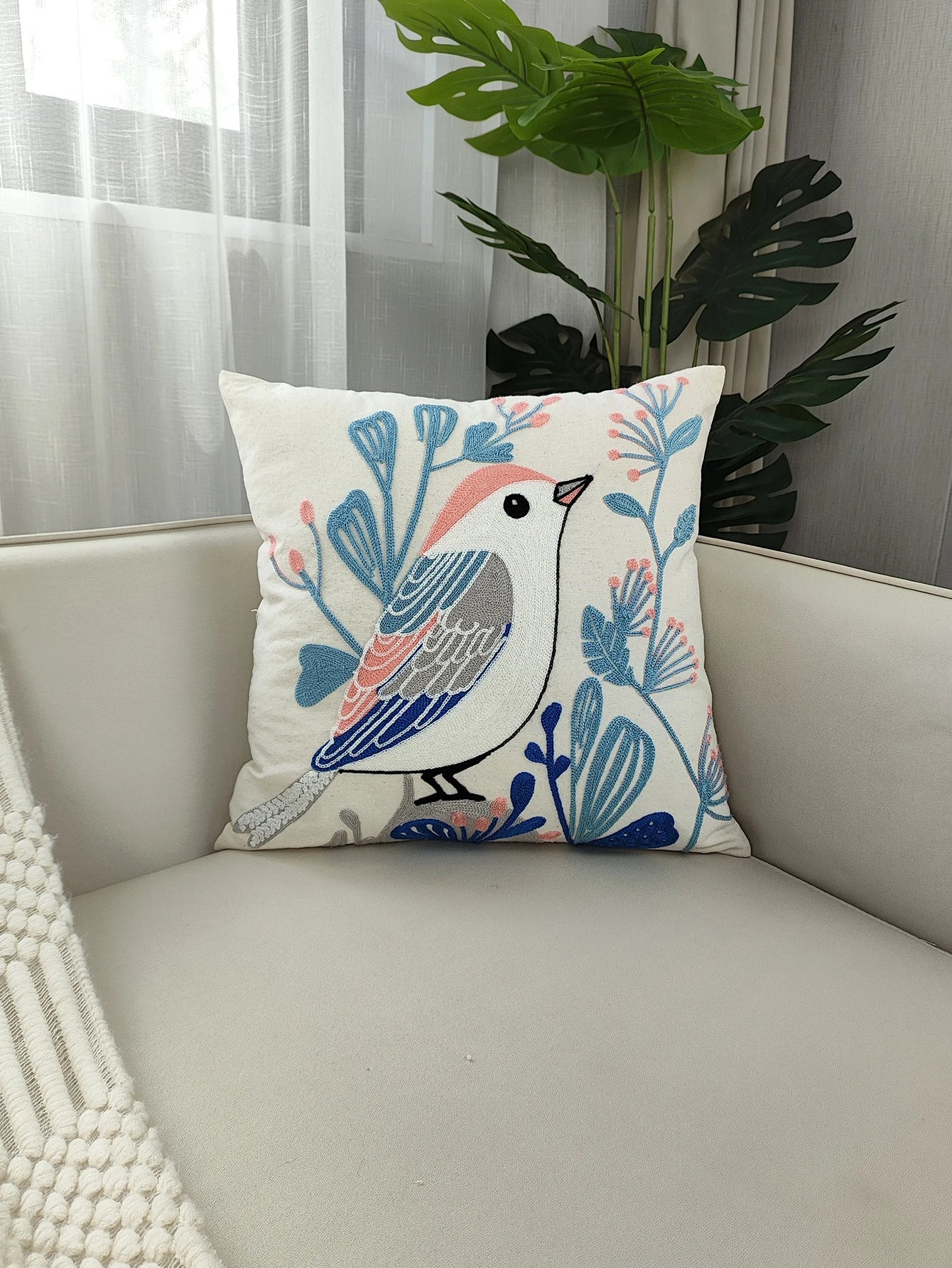 Pink and Blue Bird and Flowers Embroidered Cushion Covers - 3 Sizes