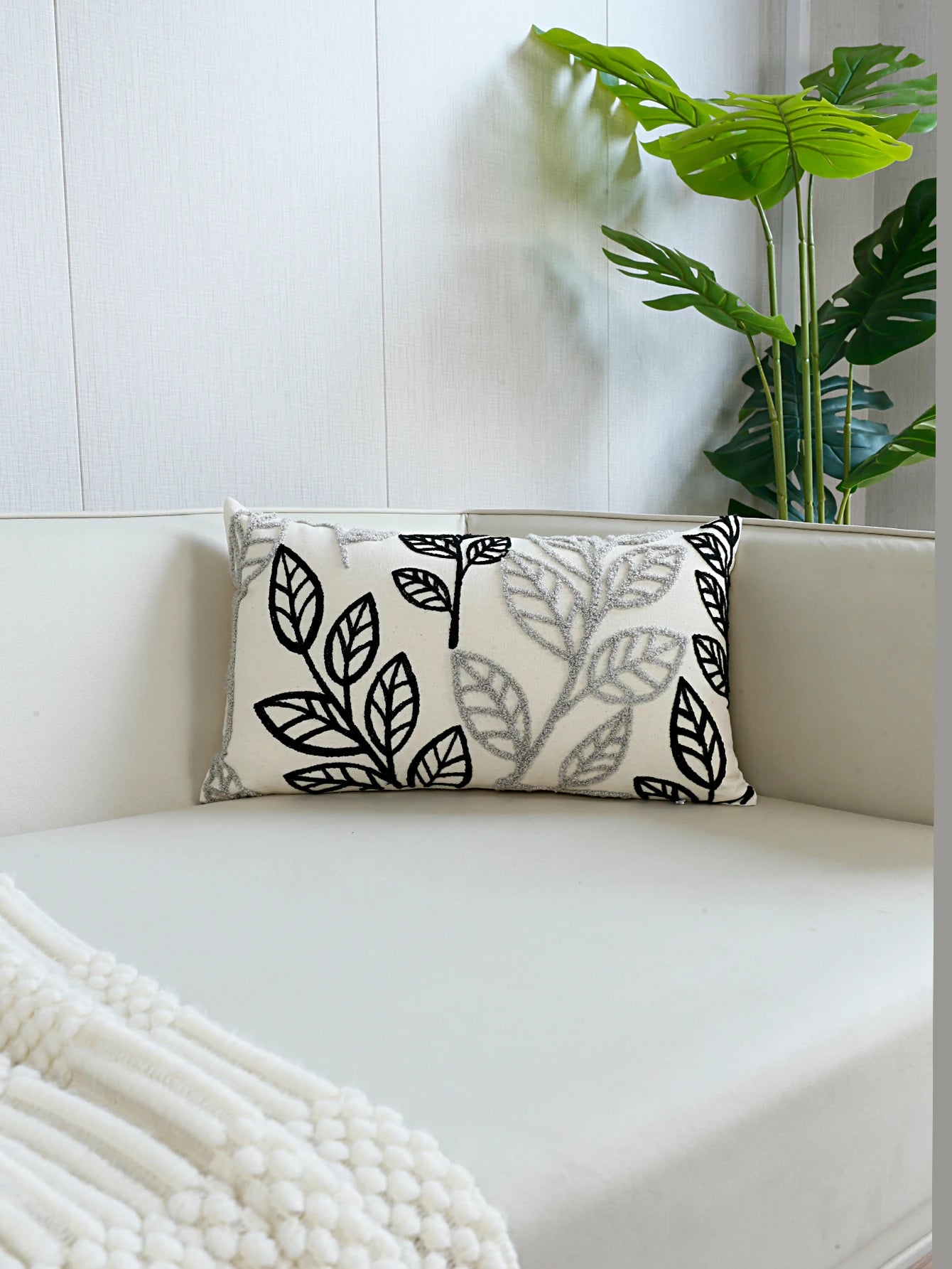Cool Simplistic Black & Grey Embroidered Leaves on Off-White Fabric