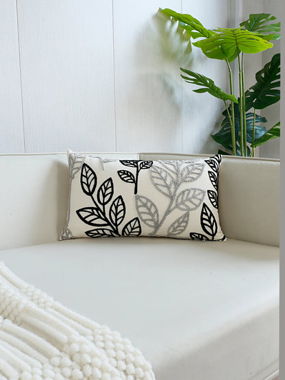 Cool Simplistic Black & Grey Embroidered Leaves on Off-White Fabric