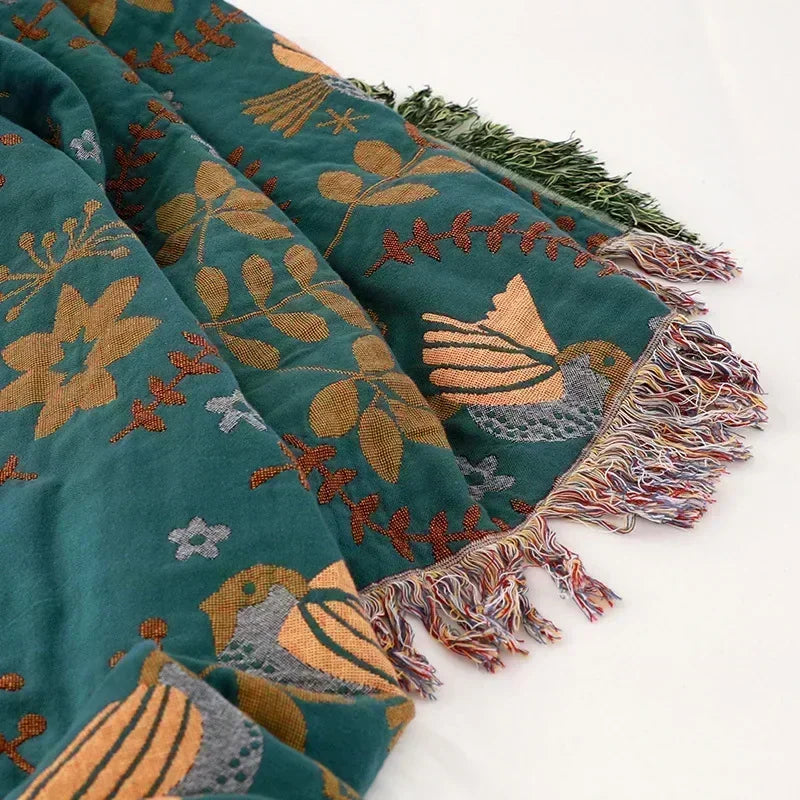 Petrolblue Bird And Floral Boho Bedspread / Sofa Throw
