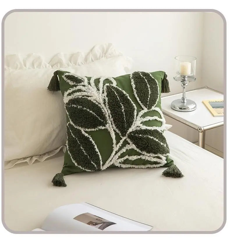 Green Cute Tufted Floral Cushion Covers with Tassels