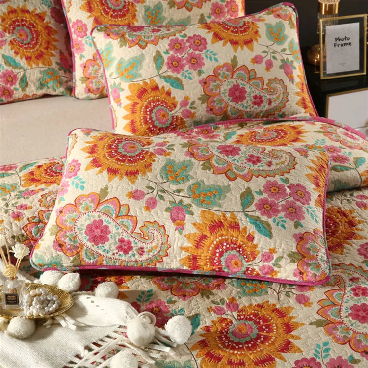 Vintage Retro 3 Piece Bedspread Set in 100% Cotton with Mandala Floral Design