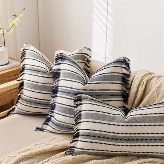 Nordic Vintage Style Wide Striped Cushion Covers with Fringe - 3 Sizes available