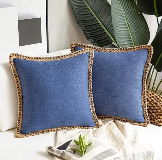 Blue Nordic Countryhouse Cushion Covers with Jute Decorated Edging