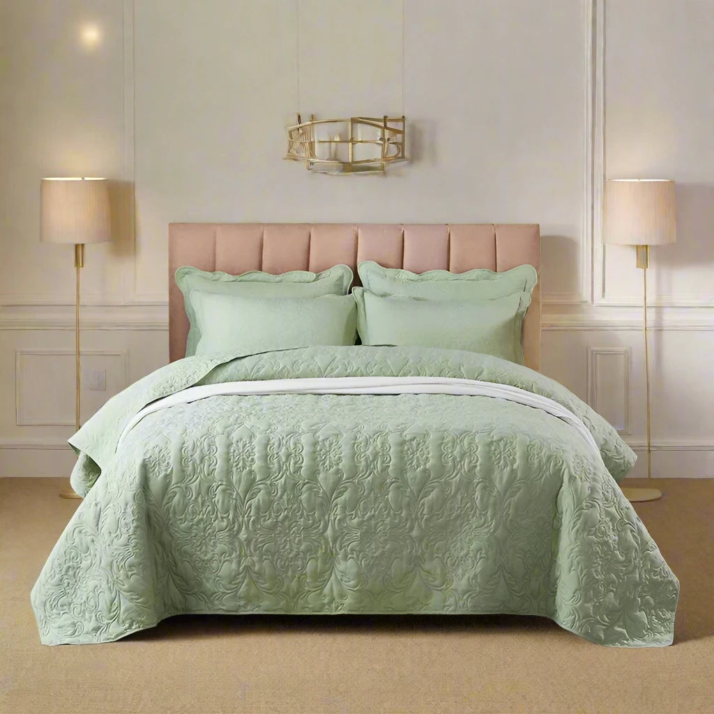 Green Plain Colour Cotton Blend Quilted Bedspread / Throw Set