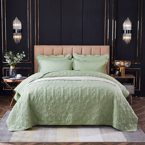 Green Plain Colour Cotton Blend Quilted Bedspread / Throw Set