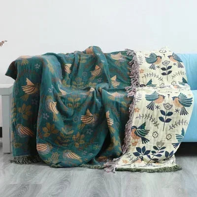 Petrolblue Bird And Floral Boho Bedspread / Sofa Throw