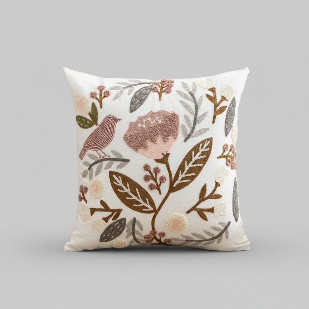 Wild Flower Embroidered Cushion Covers on Off-White Jacquard Canvas