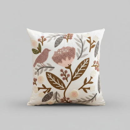 Wild Flower Embroidered Cushion Covers on Off-White Jacquard Canvas