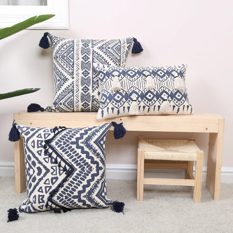 Navy & Cream Ethnic Geometric Print Cushion Covers with Tassles