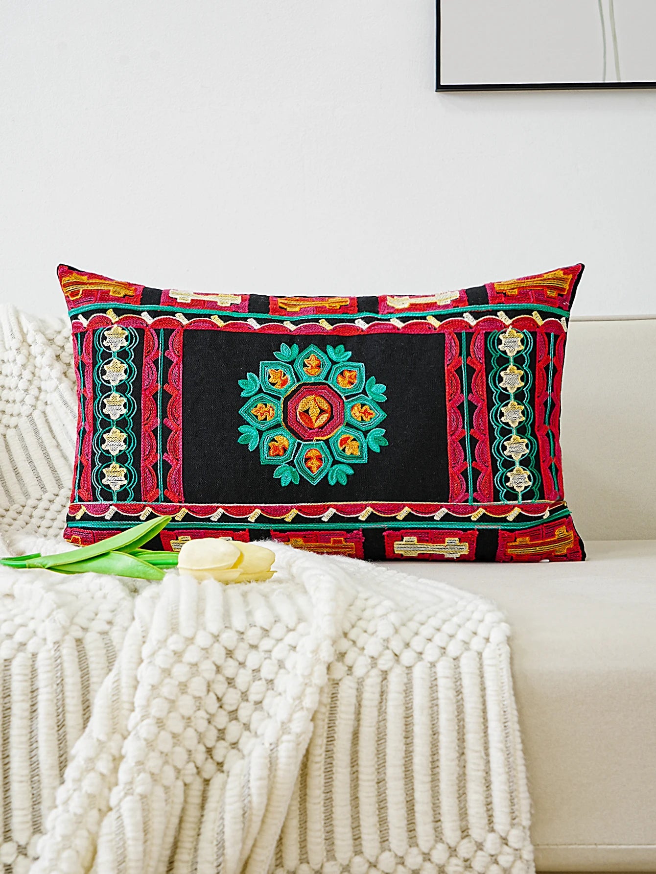 Black Cushion Cover With Colourful Ethnic Style Embroidery 12in x 20in