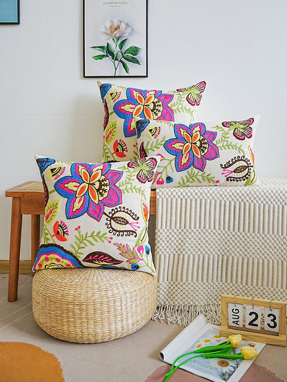 Cream Cushion Cover With Neon Bright Floral Embroidery