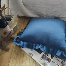 Blue 100% Pure Linen Ruffle Cushion Cover 