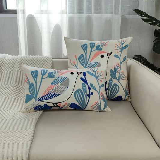 Pink and Blue Bird and Flowers Embroidered Cushion Covers - 3 Sizes