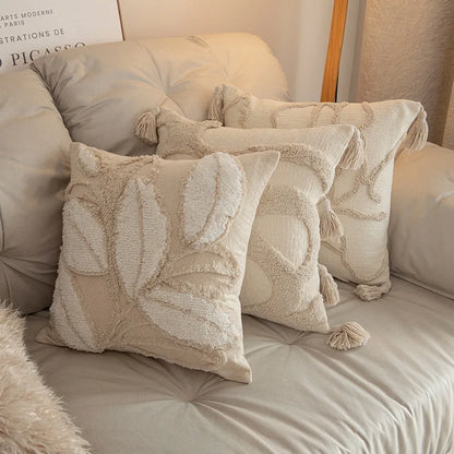 Beige & Cream Tufted and Fluffy Cushion Covers with Tassles