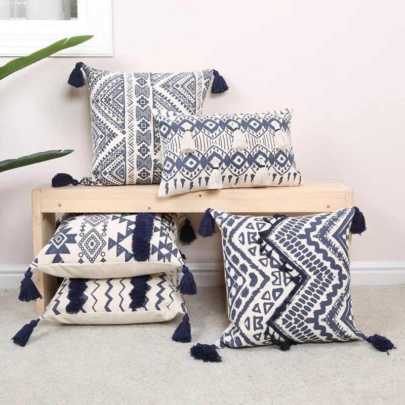 Navy & Cream Ethnic Geometric Print Cushion Covers with Tassles