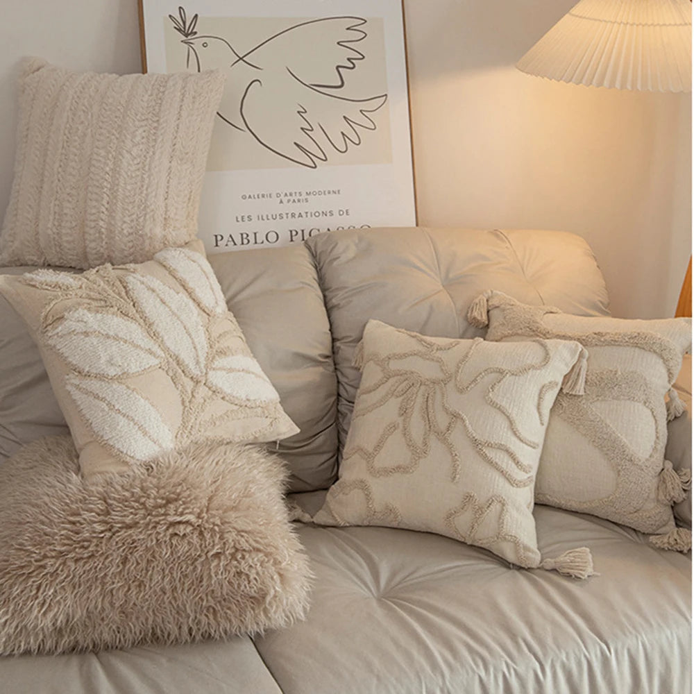 Beige & Cream Tufted and Fluffy Cushion Covers with Tassles