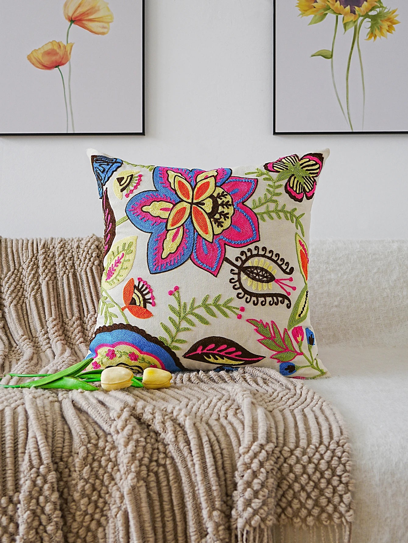 Cream Cushion Cover With Neon Bright Floral Embroidery 18in x 18in